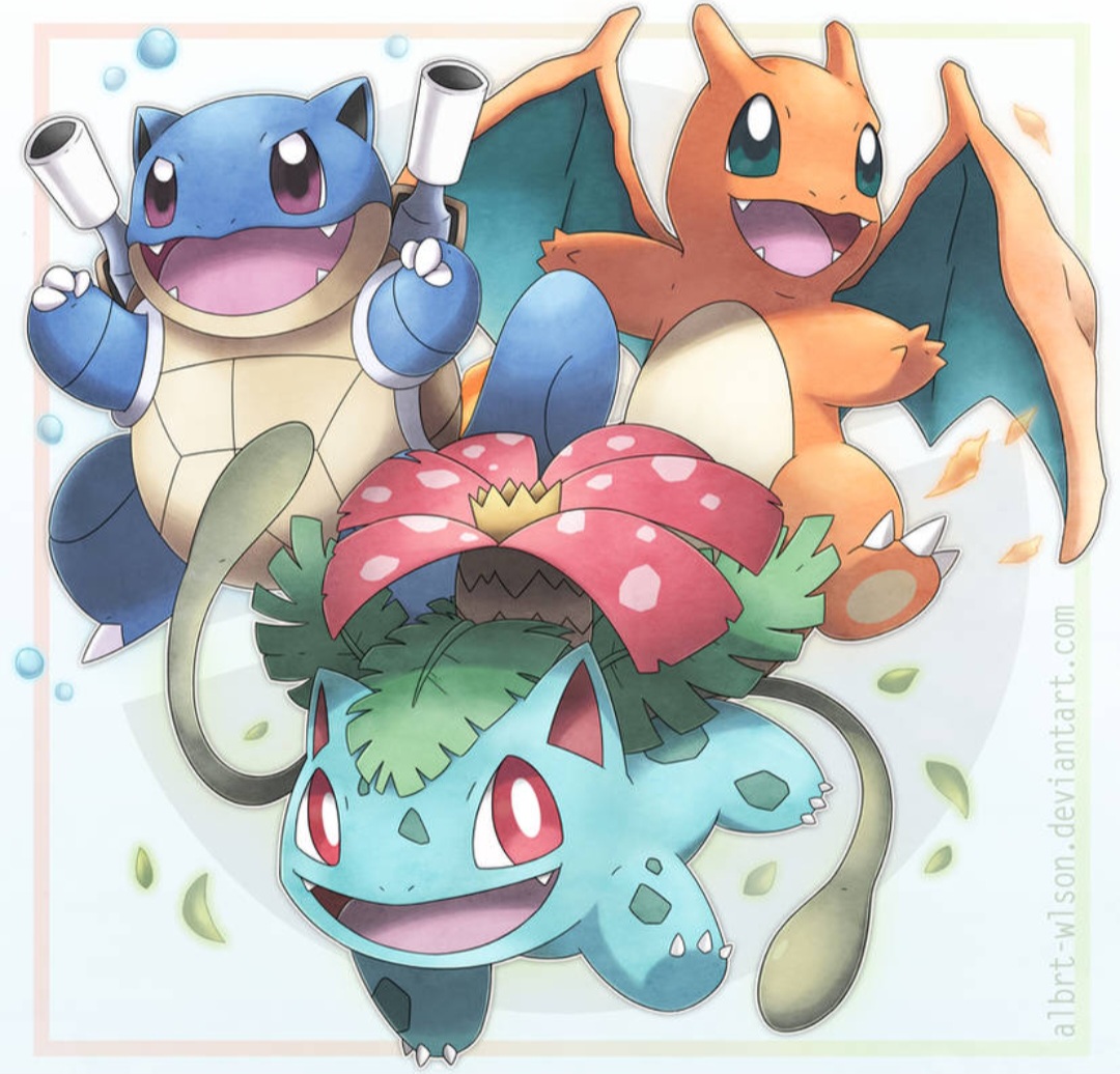 Colorful illustration of six Kanto starter Pokemon including Bulbasaur, Charmander, Squirtle and their evolutions