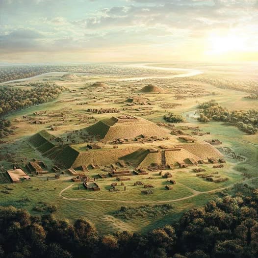 Aerial illustration of Cahokia Mounds with large earthen mounds, small structures, and a river in the distance