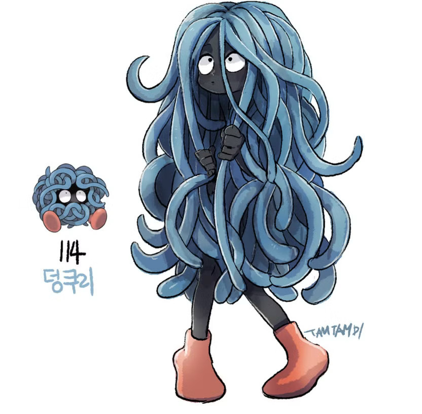 Anime character with long blue tentacle hair, dark outfit, red boots, Pokemon Tangela beside them