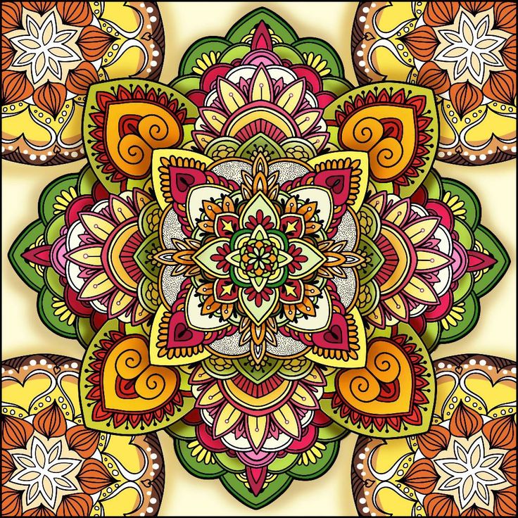 Symmetrical mandala with layered floral patterns in warm colors and ornate details