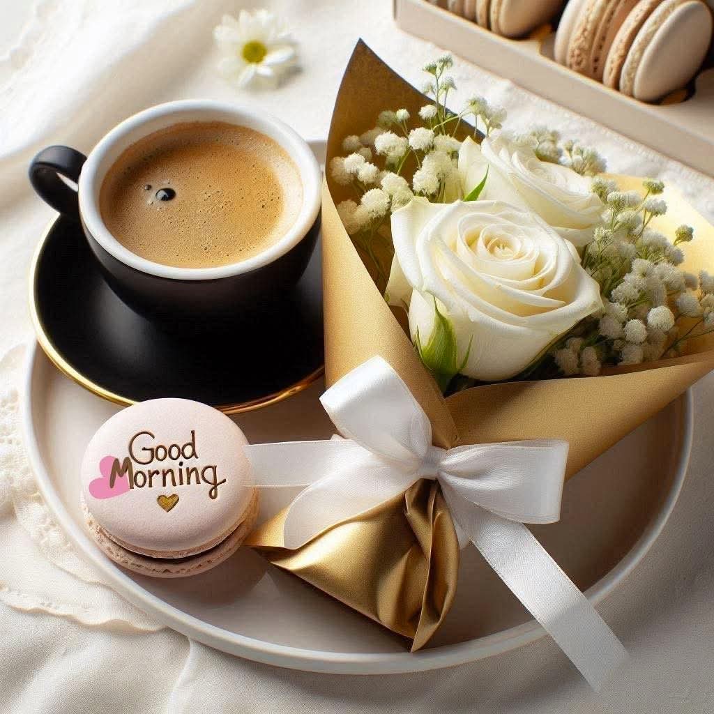 Black coffee cup with white roses, macarons and Good Morning card on white tray