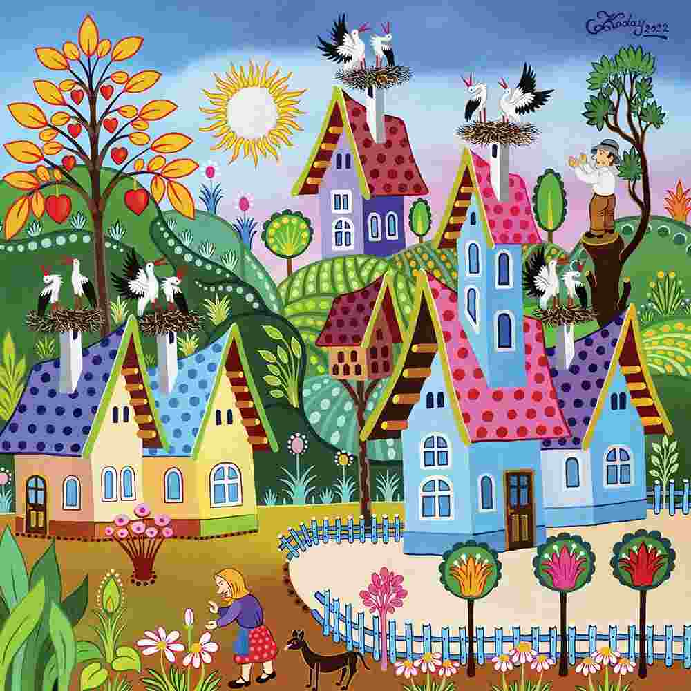 Colorful folk art village with patterned houses, trees, birds, sun, and garden flowers