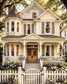White Victorian house with a porch, turret, and white picket fence