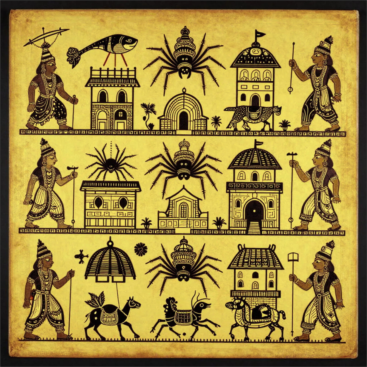 Indian Warli folk art with tribal figures, houses, spiders, and animals in black on yellow