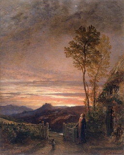 Painting of a sunset landscape with trees, hills, and small figures beside a path