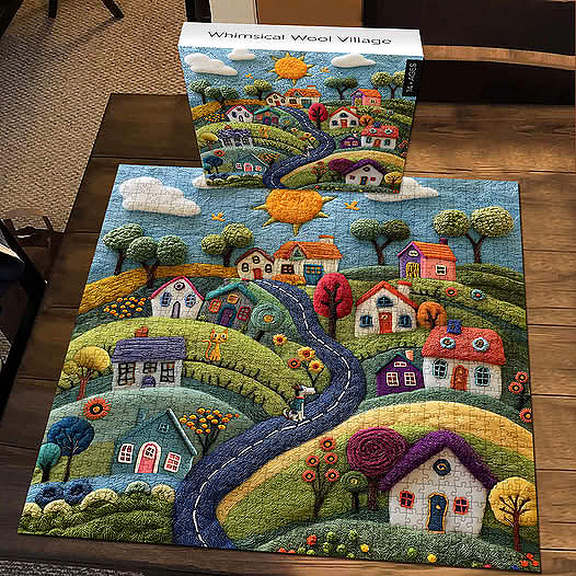 Colorful village jigsaw puzzle with matching box on a wooden table
