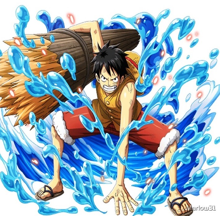 Anime character Luffy in action pose with swirling blue water effects and wooden barrel