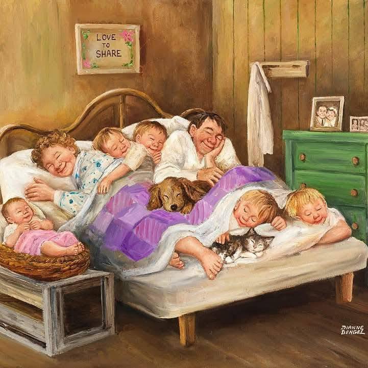 Painting of children sleeping in bed with puppies in a warm wooden room