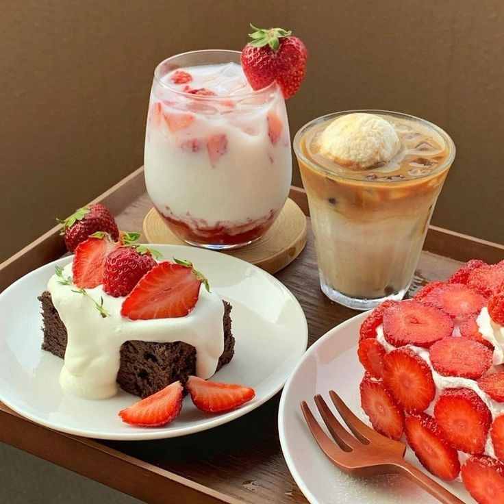 Tray with strawberry cake, strawberry tart, iced strawberry milk, and affogato coffee drinks