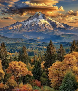 Snow-capped Mount Hood towering over autumn-colored forests with dramatic clouds at sunset