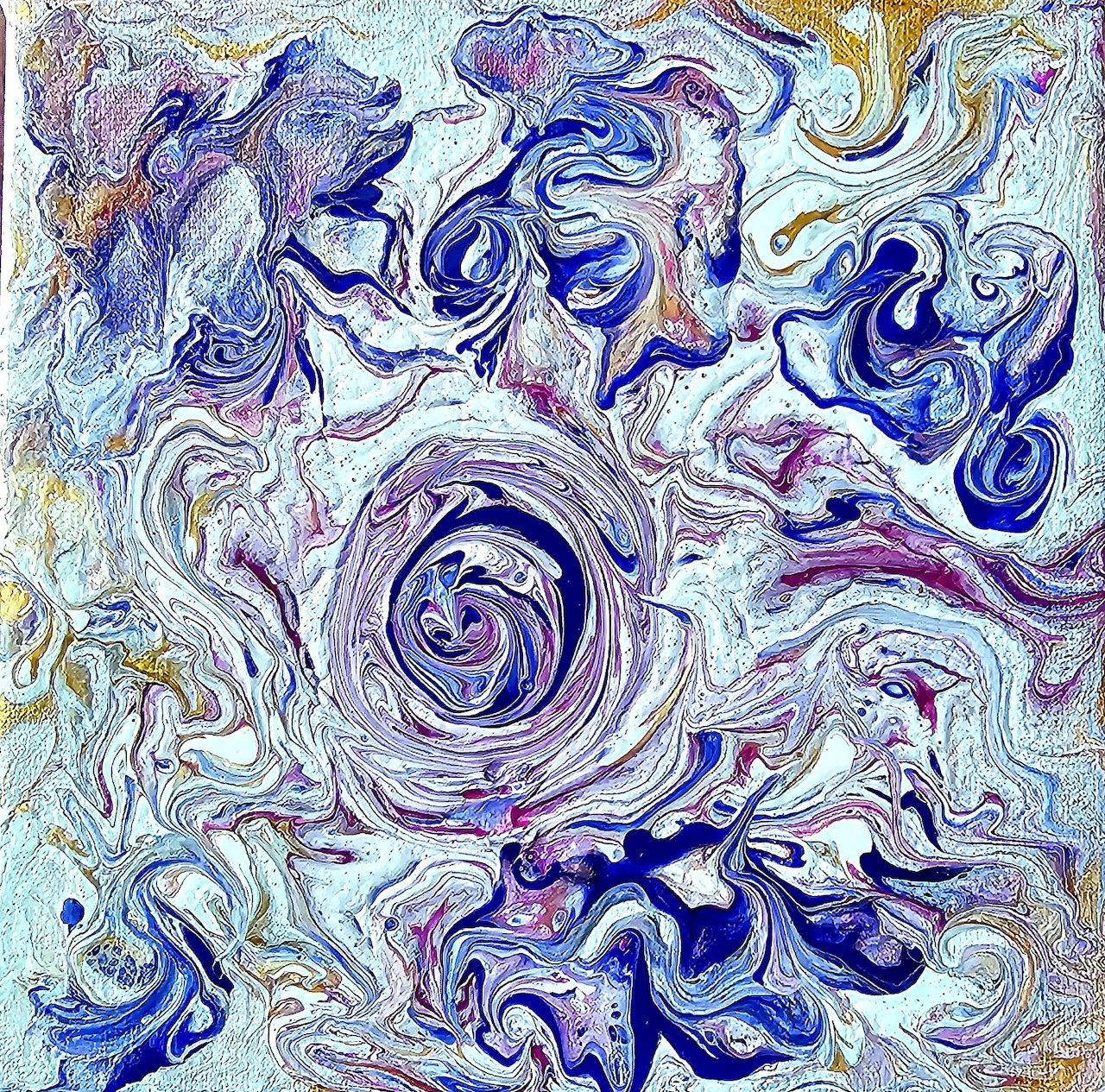Abstract swirling patterns in purple, blue, white and gold with fluid marble texture