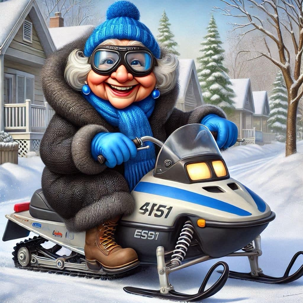 Cartoon character wearing blue winter clothes and goggles sitting on a snowmobile in a snowy village scene