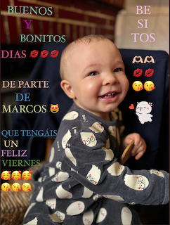 Smiling baby in patterned pajamas indoors with colorful Spanish text on the image