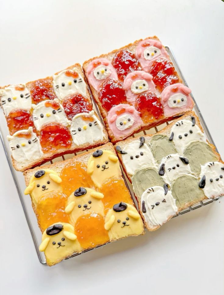 Kawaii illustration of cute food items shaped like smiling animals