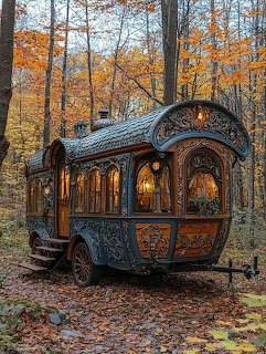 Elaborately carved wooden gypsy carriage with glowing windows surrounded by fall trees and leaves