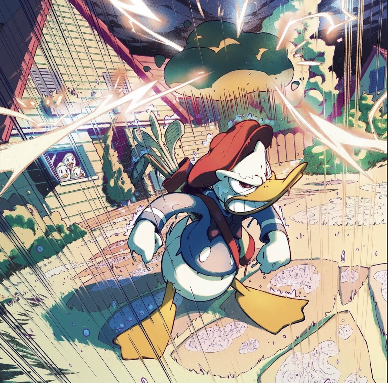Donald Duck running through a chaotic comic-style interior scene with bright action lines