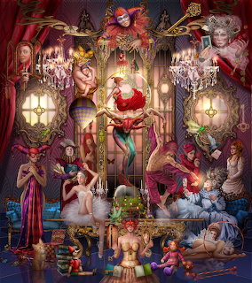 Elaborate vintage circus scene with performers, ornate stage decorations, chandeliers, and Victorian theatrical elements