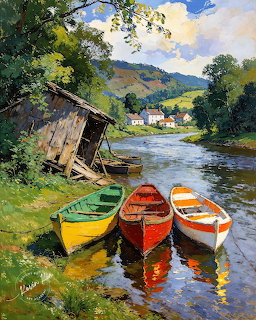 Three canoes—yellow, red, and orange—on a riverbank with hills and a shed in the background