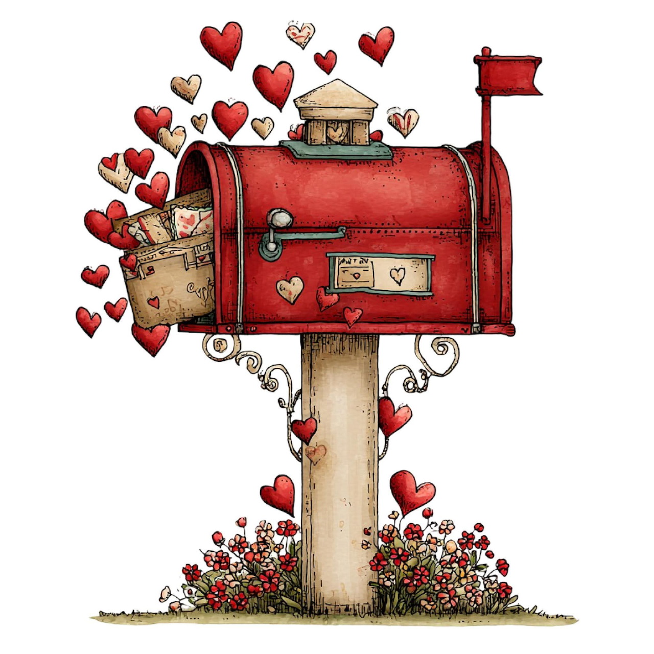 Red mailbox on post with hearts and flowers in watercolor illustration style
