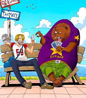 Two ONE PIECE anime characters sitting on a wooden bench, one blonde in white shirt, one larger in purple hoodie