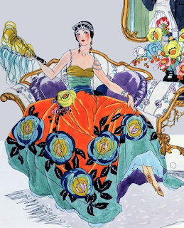 Art Deco illustration of woman on decorated couch with theatrical figures