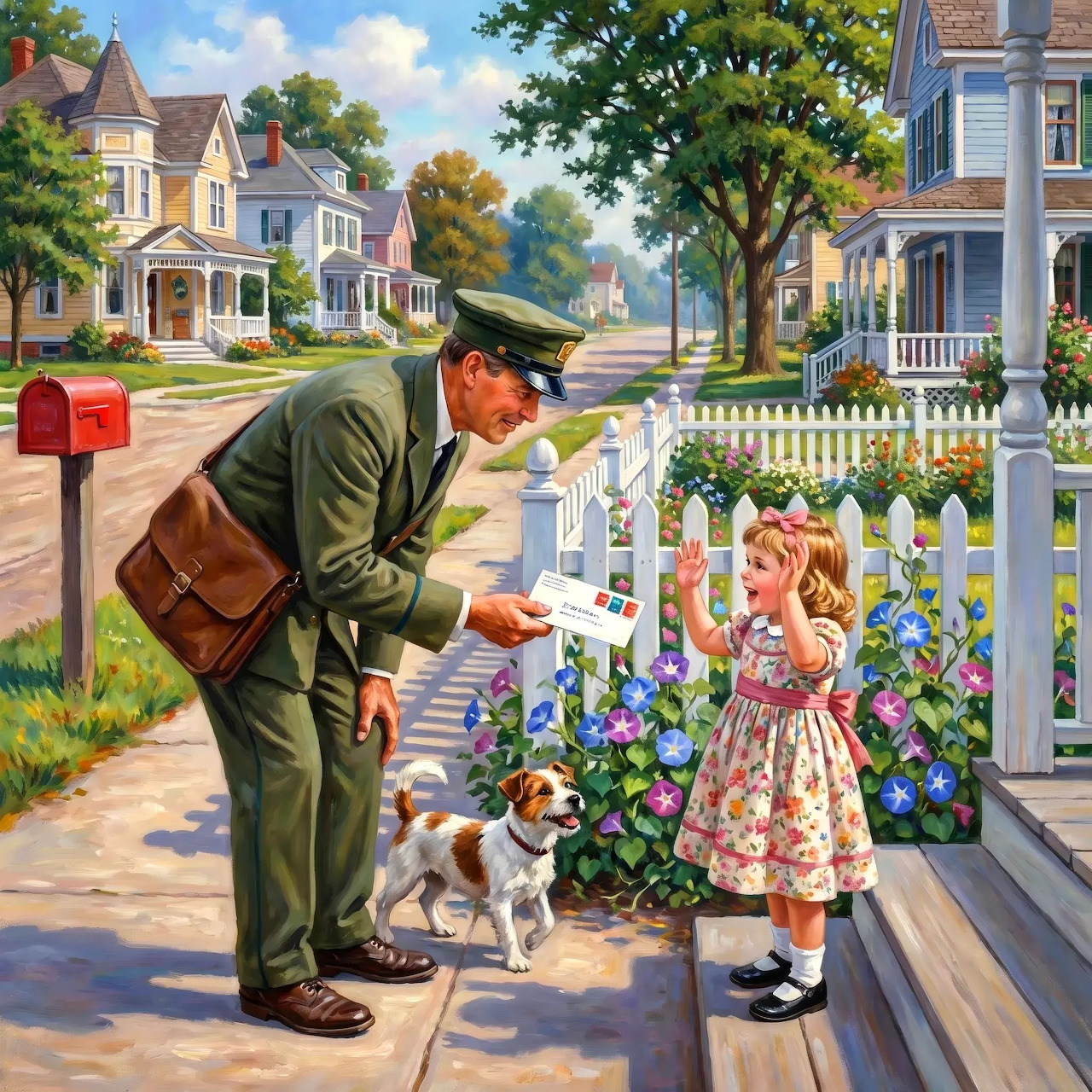 Vintage-style painting of a mailman giving letters to a little girl beside flowers and a small dog