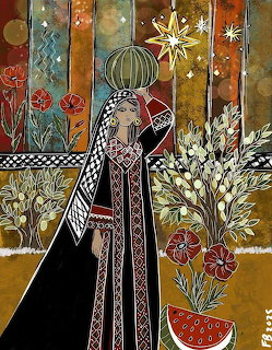 Folk art painting of a woman in traditional Palestinian embroidered dress surrounded by flowers and a star