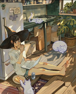 Illustration of a witch in a hat sitting on a kitchen floor with a laptop, cats, and plants