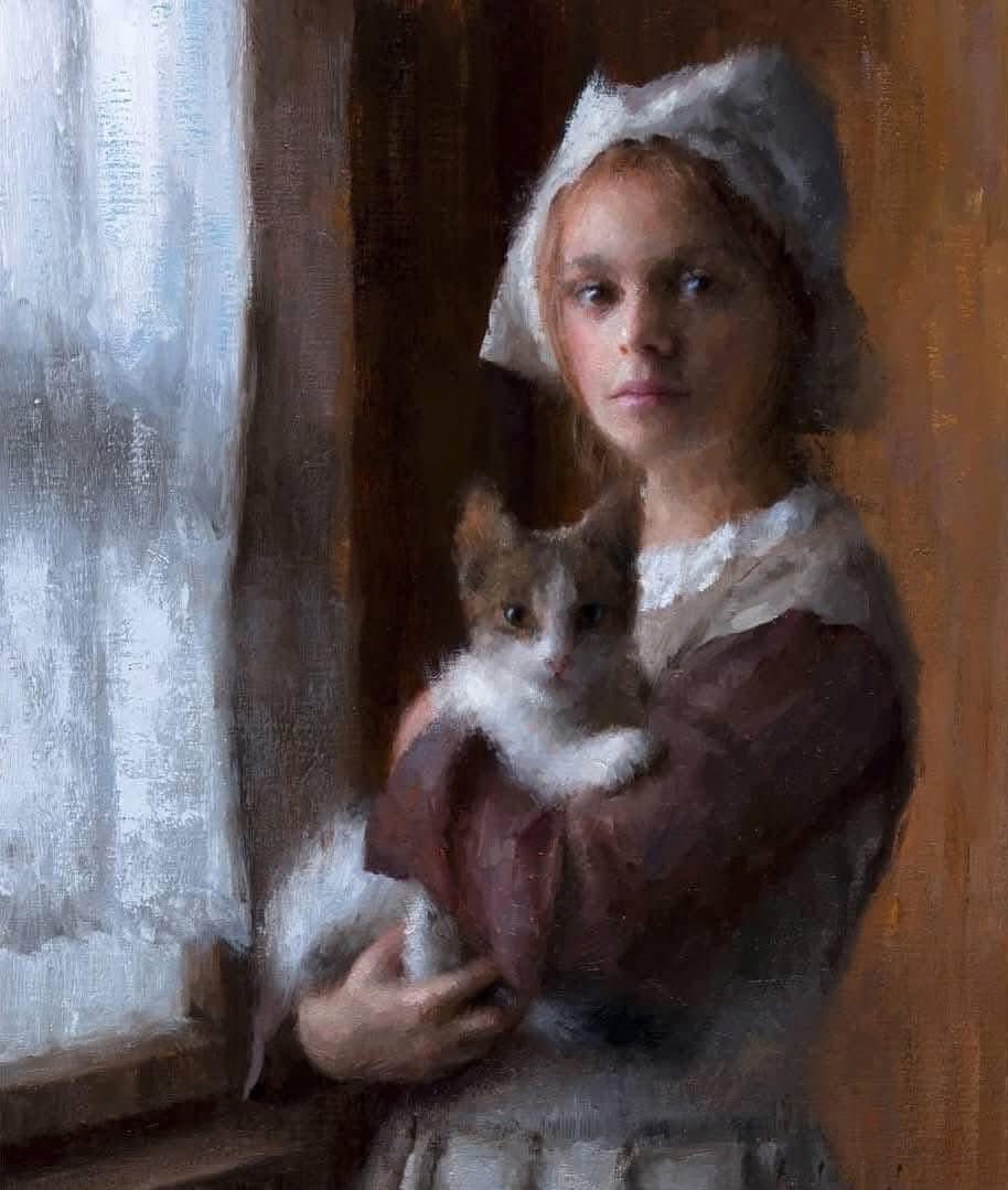 Painting of a young girl holding a cat beside a window