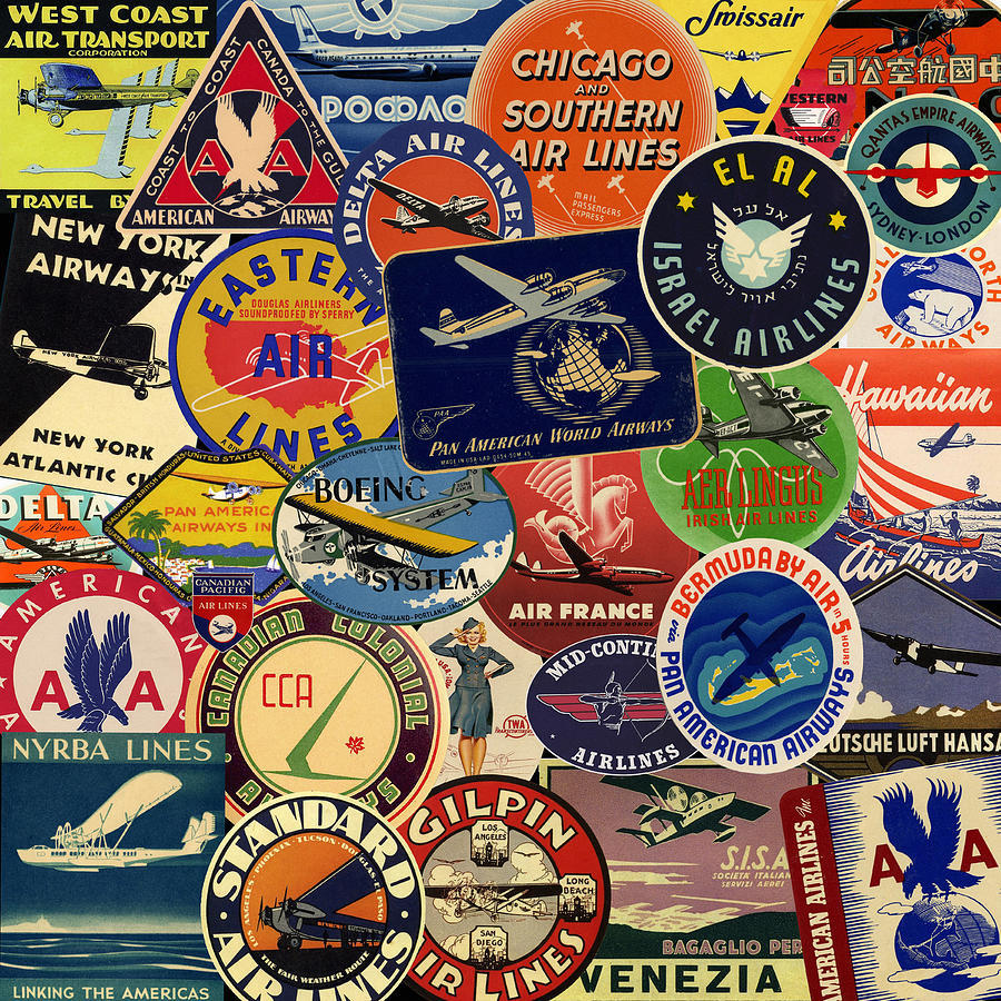 Collage of colorful vintage airline and travel labels with planes and logos