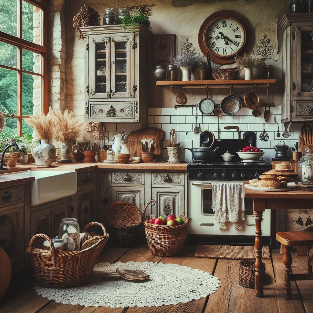 Rustic kitchen interior with vintage white cabinets, wooden counters, hanging pans, clock, and wicker baskets on floor