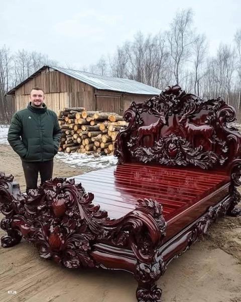Ornate Carved Wooden Bed