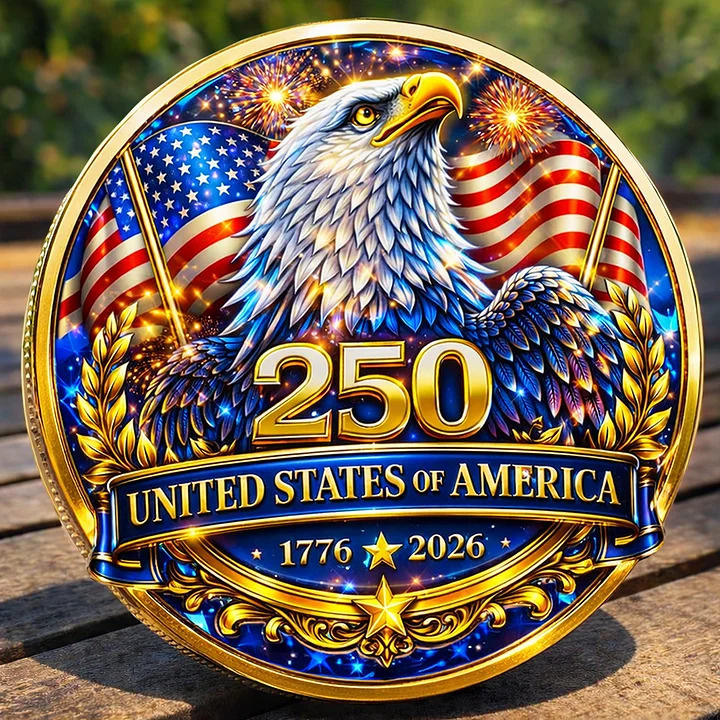 Colorful USA 250 commemorative coin with bald eagle and American flags