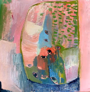 Abstract painting of a terrarium with blue, peach, and green organic shapes and textured spots