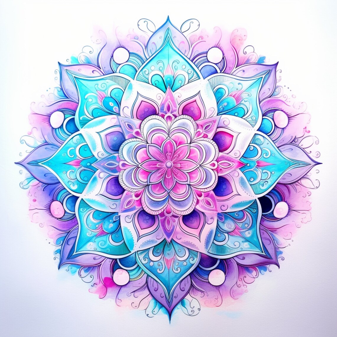 Symmetrical mandala with turquoise and purple layered petals radiating from center