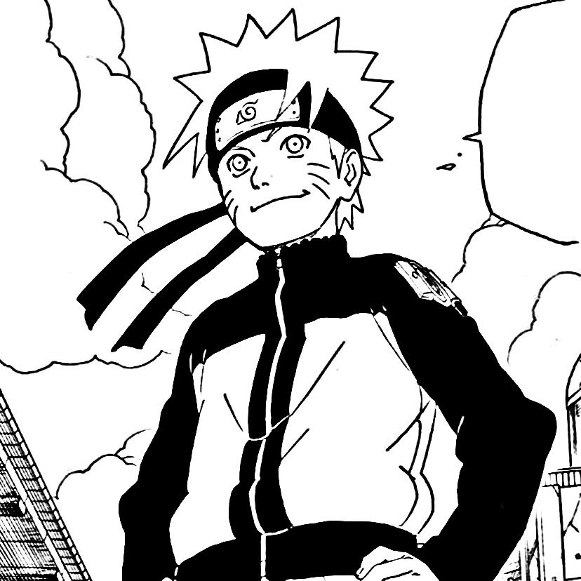 Black-and-white anime drawing of Naruto standing outdoors with clouds and buildings behind him