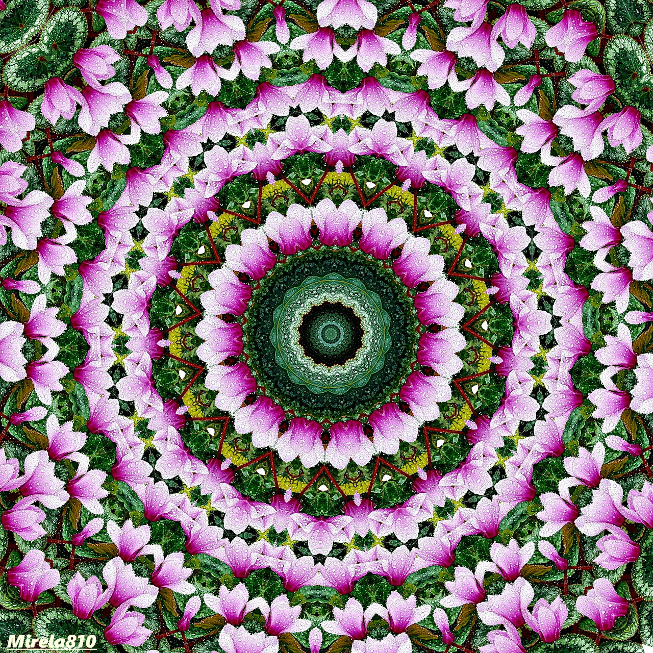 Symmetrical mandala with pink flowers and green leaves arranged in concentric circles