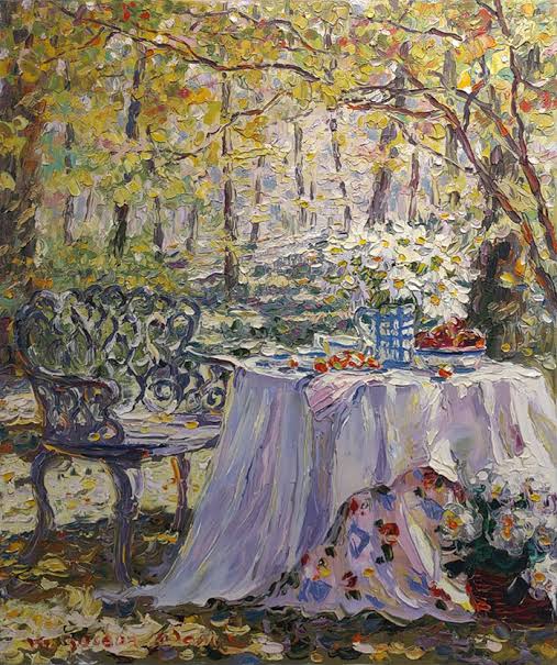 Impressionist painting of a garden table with white cloth, flowers, and fruit beneath autumn trees