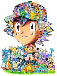 Ash Ketchum portrait surrounded by numerous Pokemon characters in a colorful collage arrangement
