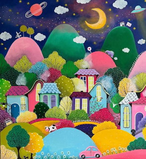 Colorful paper craft scene showing village houses, textured trees, rainbow, moon and stars in whimsical night landscape