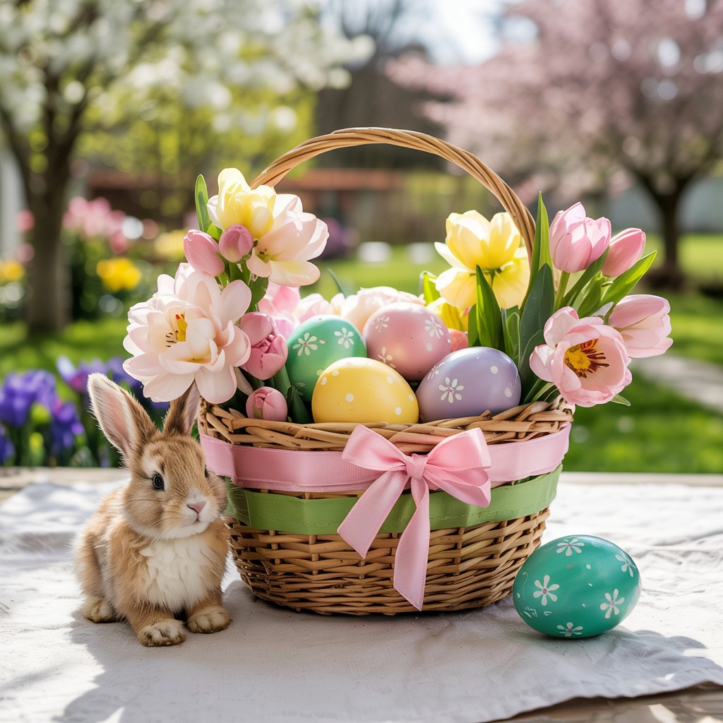 Brown bunny next to wicker basket filled with colorful Easter eggs and pink and yellow flowers in spring garden setting