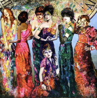 Seven women in colorful ornate dresses with elaborate patterns, painted art style