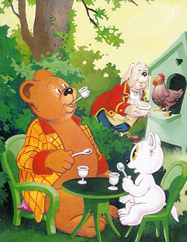 Cartoon bear and white cat at a garden table with a dog and pigeon, colorful illustration