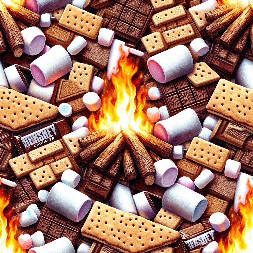 Illustrated campfire with graham crackers, chocolate bars, marshmallows, and candy in a s’mores pattern