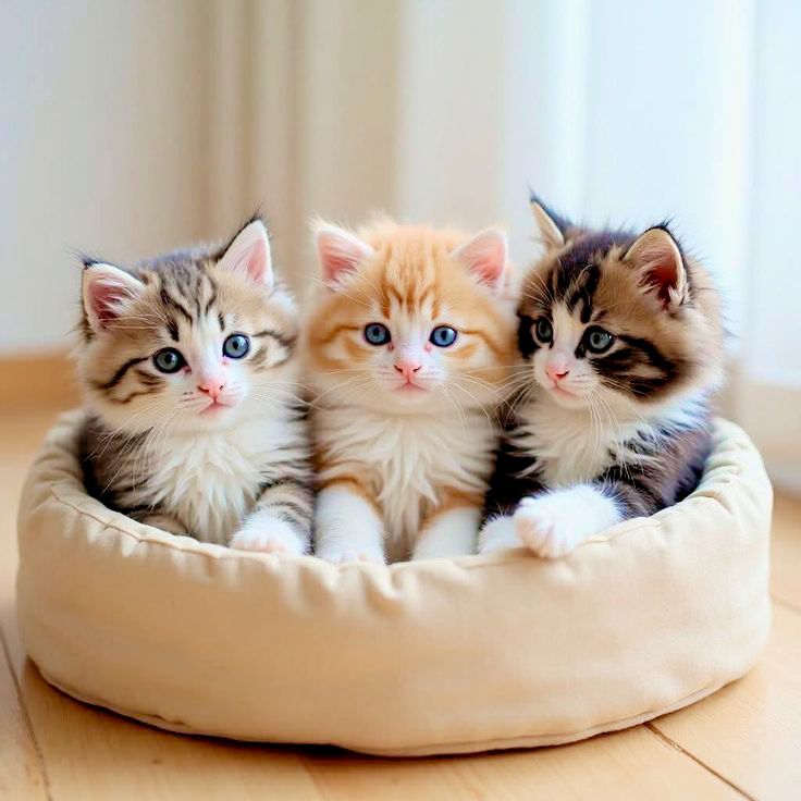 Three fluffy kittens sitting together in a beige pet bed indoors