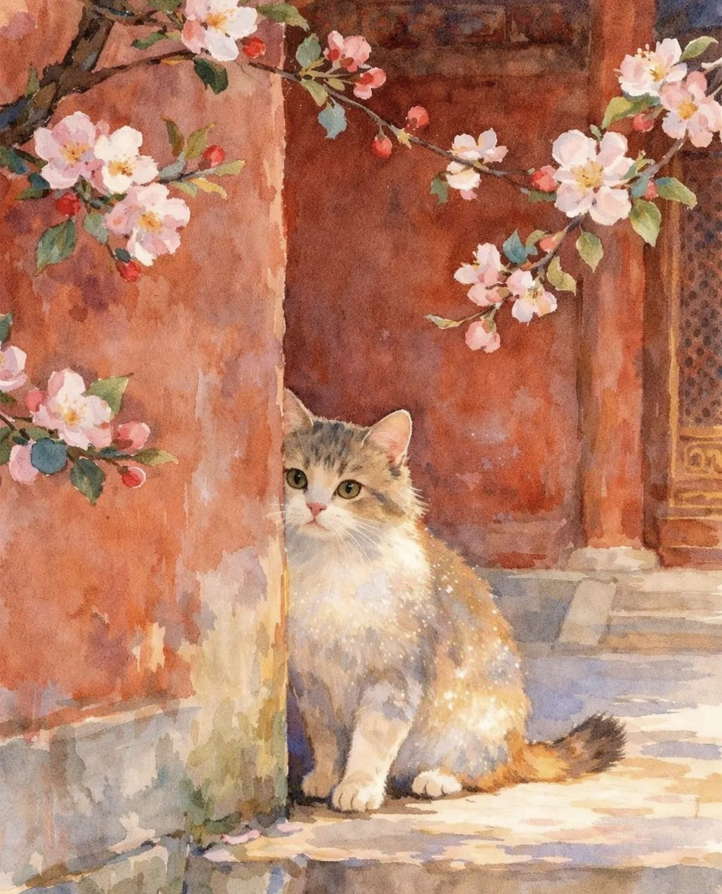 Painting of a fluffy cat sitting by a terracotta wall with pink blossoms overhead