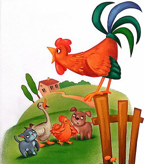 Illustrated rooster with green tail feathers standing over small farm animals on a green hill