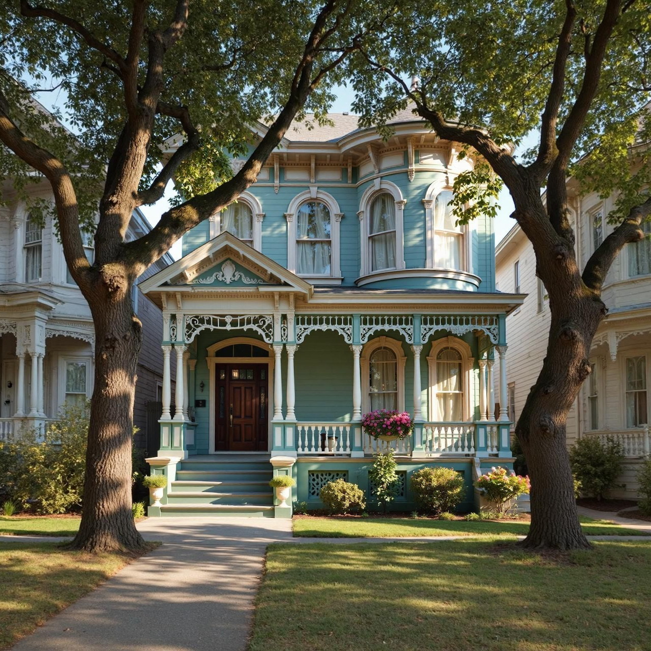 Pastel Victorian house with decorative porch and tall trees in front