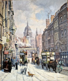 Painting of Ludgate Hill, London, with horse carriages, people, and St Paul's Cathedral