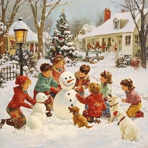 Group of children building a snowman in a snowy yard with decorated houses and winter trees in background